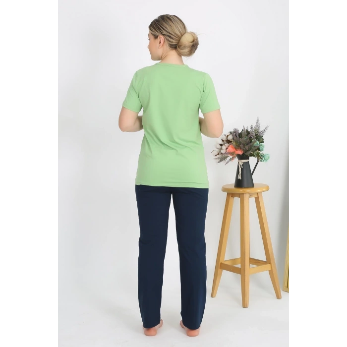 Moda Çizgi Kadın Kısa Kol Pamuk Penye Pijama Takım Fıstık Yeşili 4215