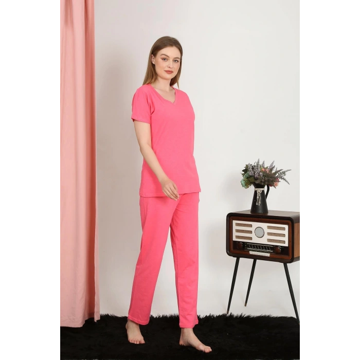 Moda Çizgi Kadın Kısa Kol Pamuk Penye Pijama Takım Fuşya 4213