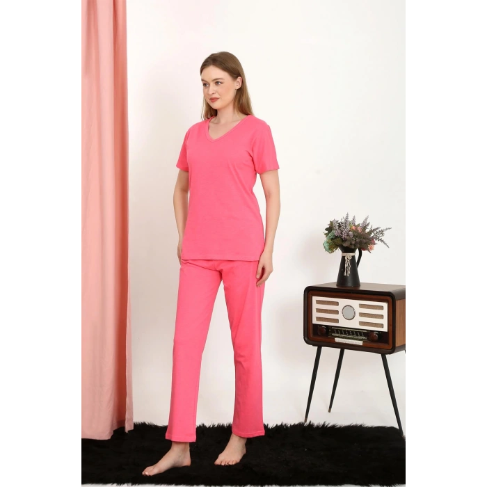 Moda Çizgi Kadın Kısa Kol Pamuk Penye Pijama Takım Fuşya 4213