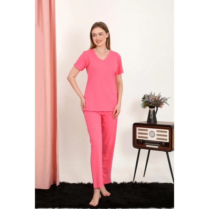 Moda Çizgi Kadın Kısa Kol Pamuk Penye Pijama Takım Fuşya 4213