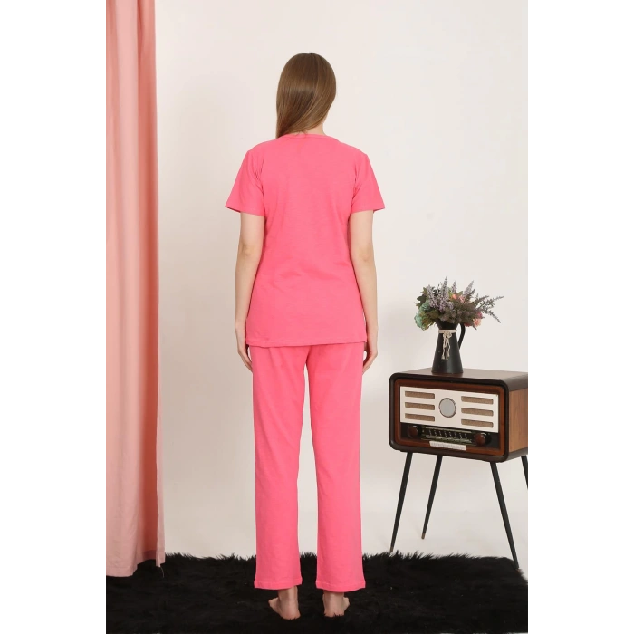 Moda Çizgi Kadın Kısa Kol Pamuk Penye Pijama Takım Fuşya 4213