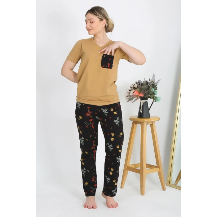 Moda Çizgi Kadın Kısa Kol Pamuk Penye Pijama Takım Hardal 4214