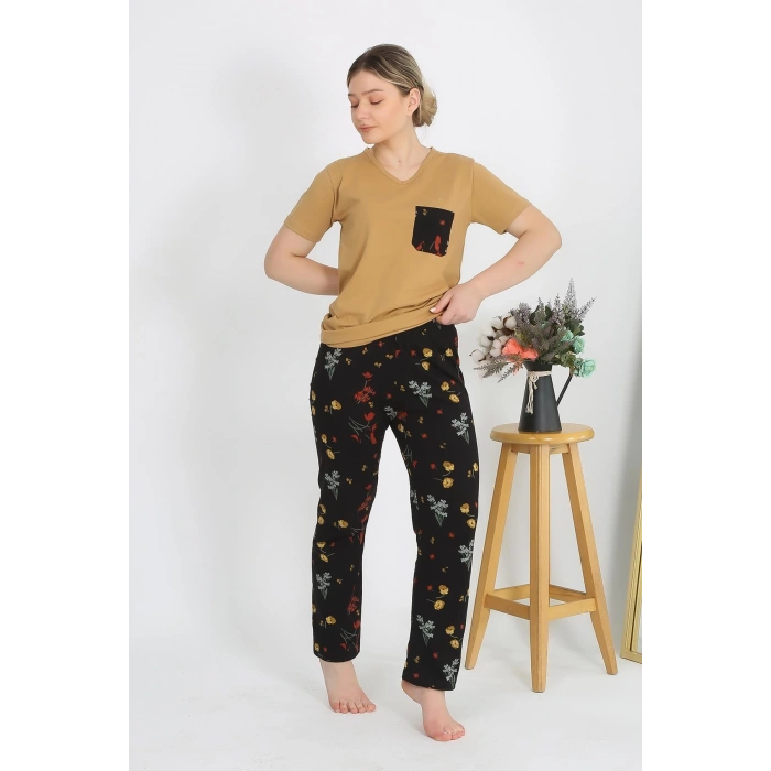 Moda Çizgi Kadın Kısa Kol Pamuk Penye Pijama Takım Hardal 4214