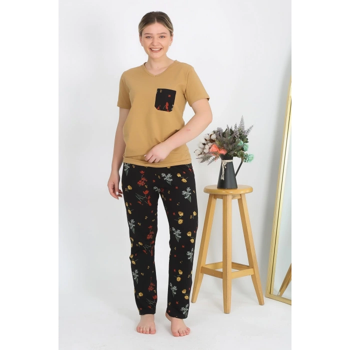 Moda Çizgi Kadın Kısa Kol Pamuk Penye Pijama Takım Hardal 4214