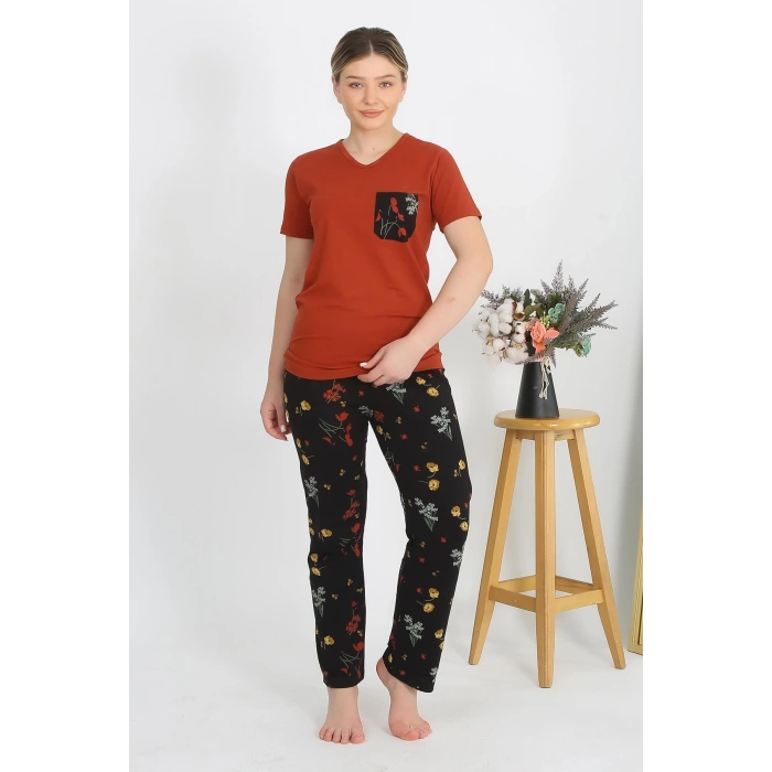 Moda Çizgi Kadın Kısa Kol Pamuk Penye Pijama Takım Kremit 4214