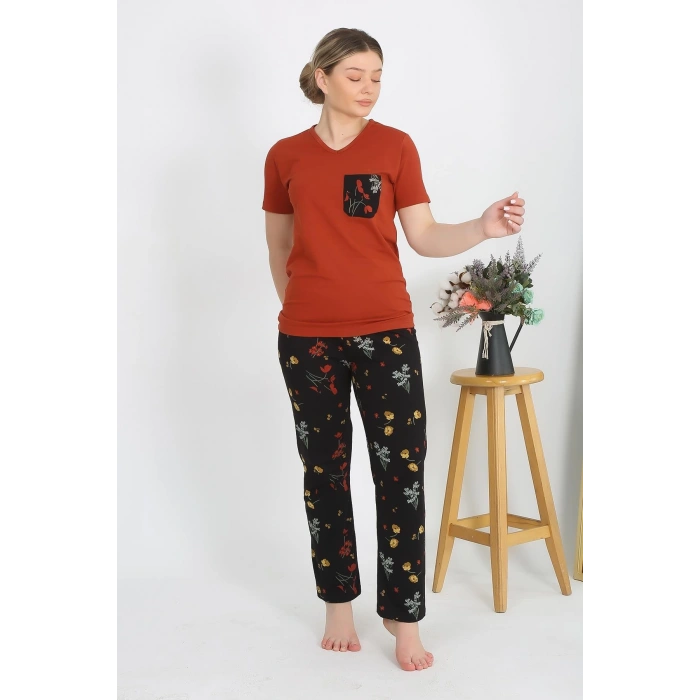 Moda Çizgi Kadın Kısa Kol Pamuk Penye Pijama Takım Kremit 4214