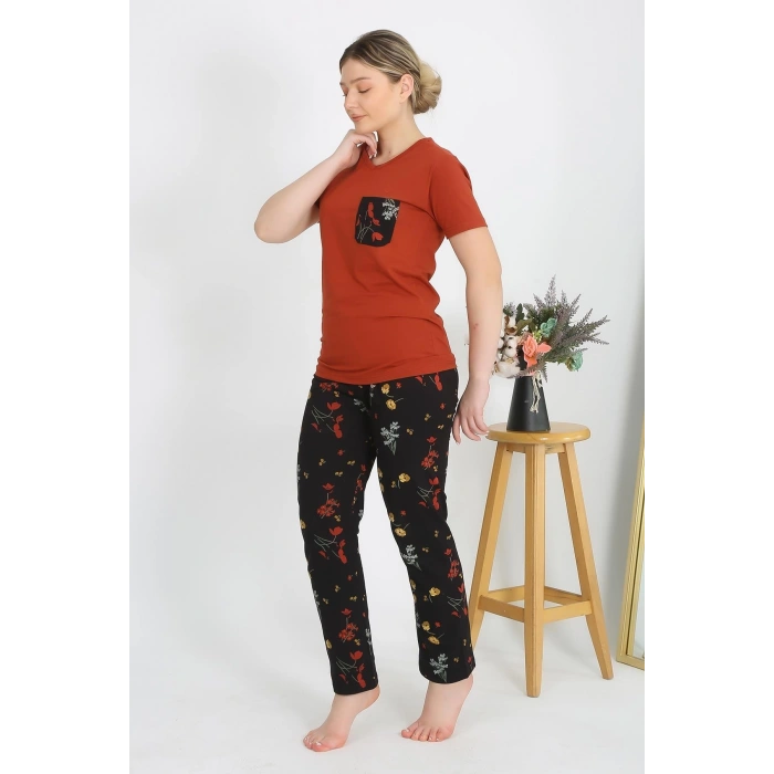 Moda Çizgi Kadın Kısa Kol Pamuk Penye Pijama Takım Kremit 4214