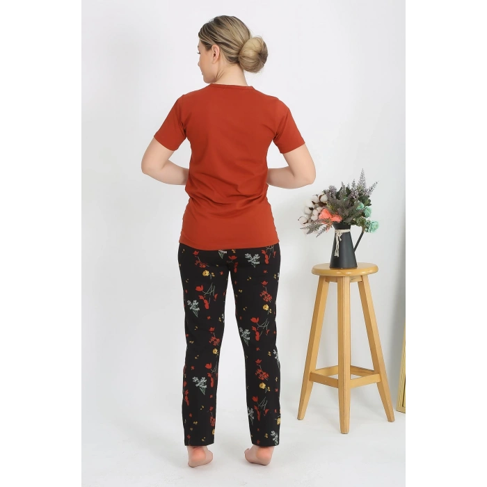 Moda Çizgi Kadın Kısa Kol Pamuk Penye Pijama Takım Kremit 4214