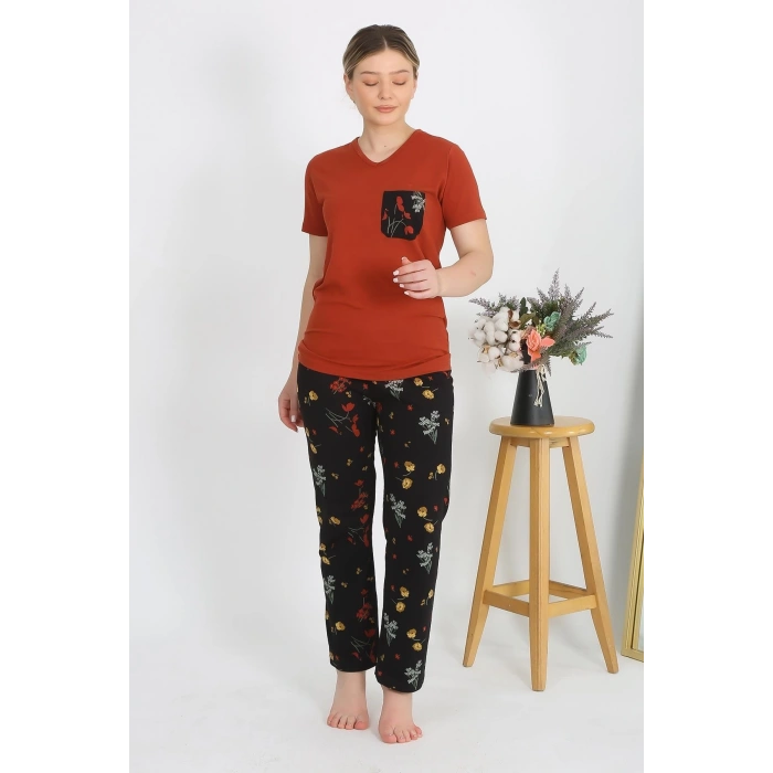 Moda Çizgi Kadın Kısa Kol Pamuk Penye Pijama Takım Kremit 4214