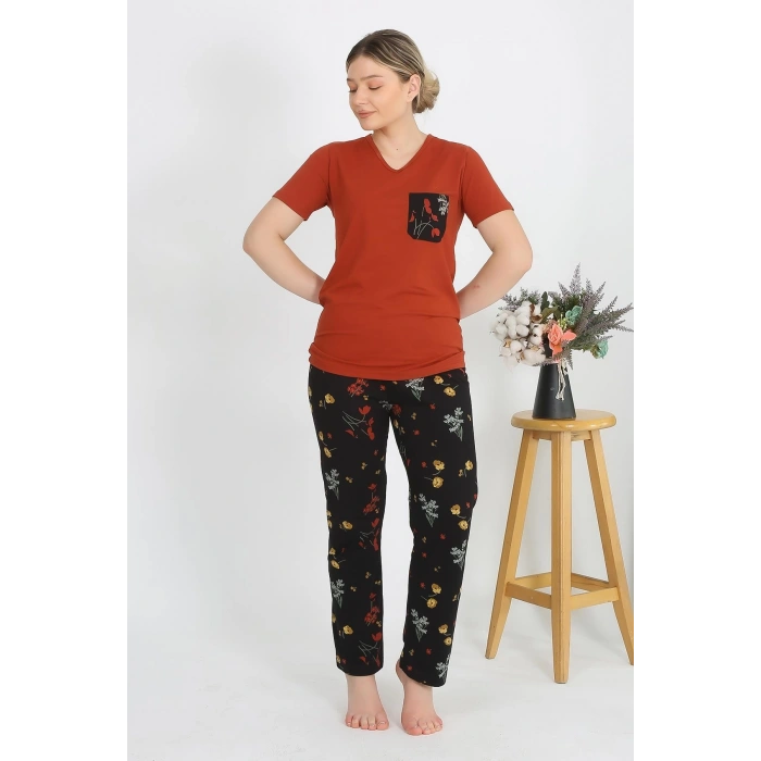 Moda Çizgi Kadın Kısa Kol Pamuk Penye Pijama Takım Kremit 4214
