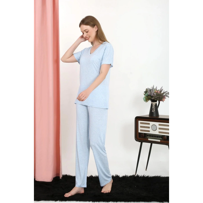 Moda Çizgi Kadın Kısa Kol Pamuk Penye Pijama Takım Mavi 4213