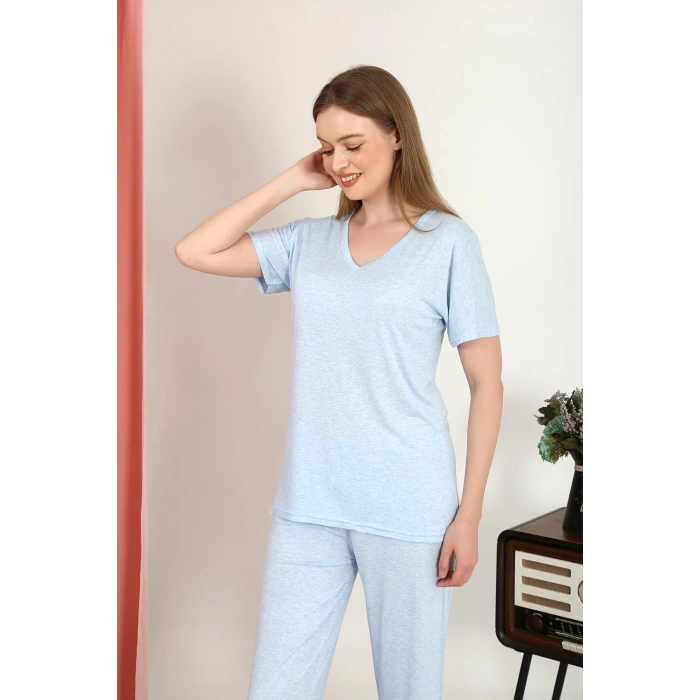 Moda Çizgi Kadın Kısa Kol Pamuk Penye Pijama Takım Mavi 4213