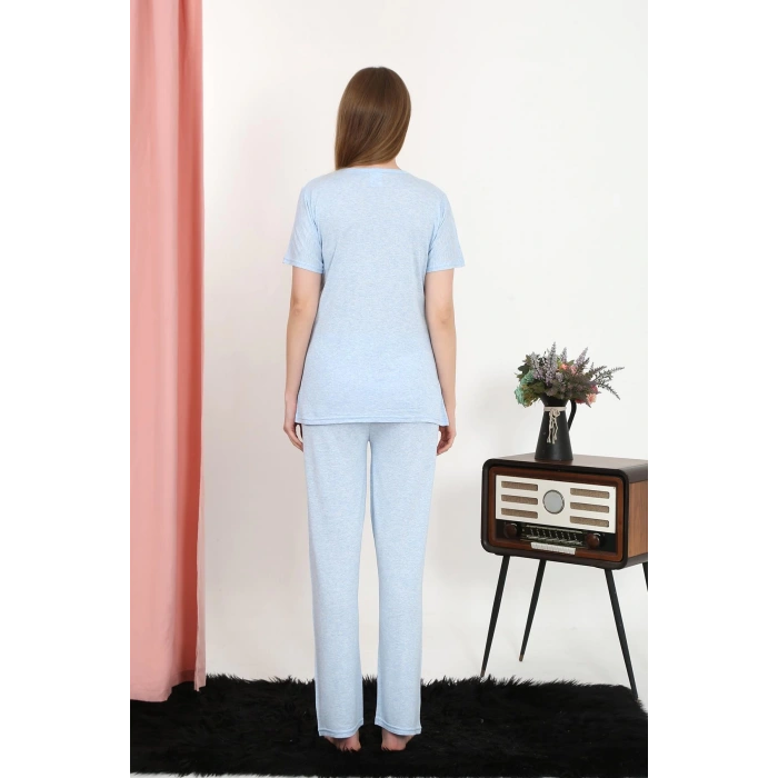 Moda Çizgi Kadın Kısa Kol Pamuk Penye Pijama Takım Mavi 4213