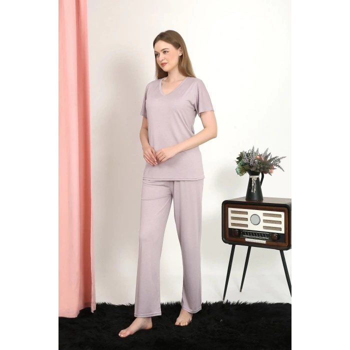 Moda Çizgi Kadın Kısa Kol Pamuk Penye Pijama Takım Pudra 4213
