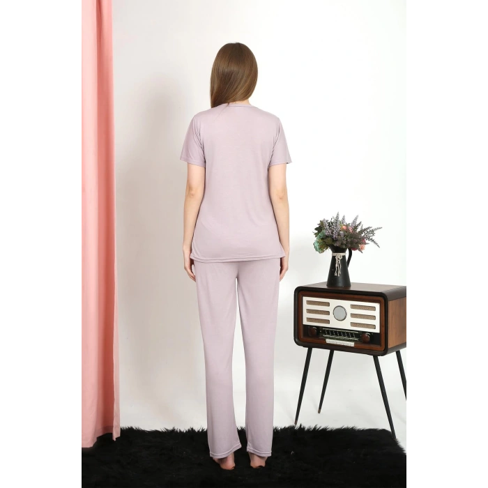 Moda Çizgi Kadın Kısa Kol Pamuk Penye Pijama Takım Pudra 4213