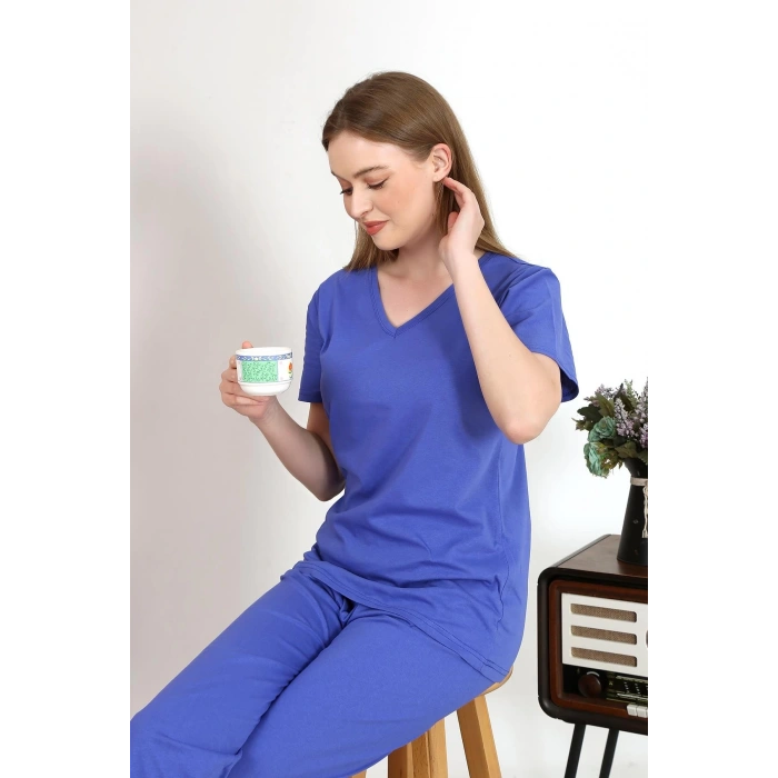 Moda Çizgi Kadın Kısa Kol Pamuk Penye Pijama Takım Saks 4213