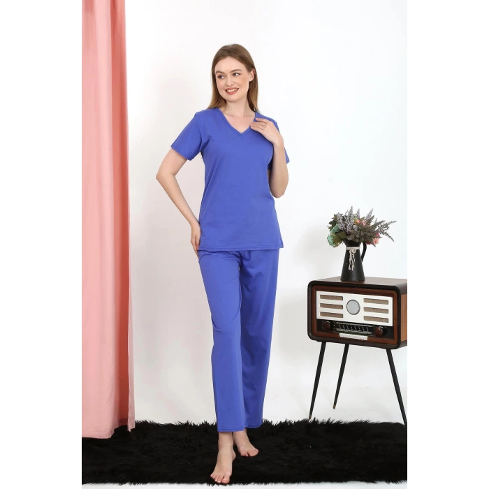 Moda Çizgi Kadın Kısa Kol Pamuk Penye Pijama Takım Saks 4213