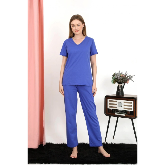 Moda Çizgi Kadın Kısa Kol Pamuk Penye Pijama Takım Saks 4213