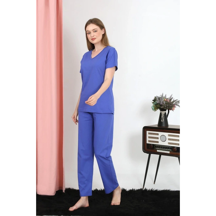 Moda Çizgi Kadın Kısa Kol Pamuk Penye Pijama Takım Saks 4213