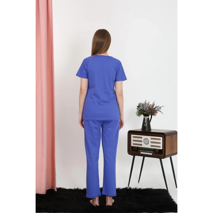 Moda Çizgi Kadın Kısa Kol Pamuk Penye Pijama Takım Saks 4213