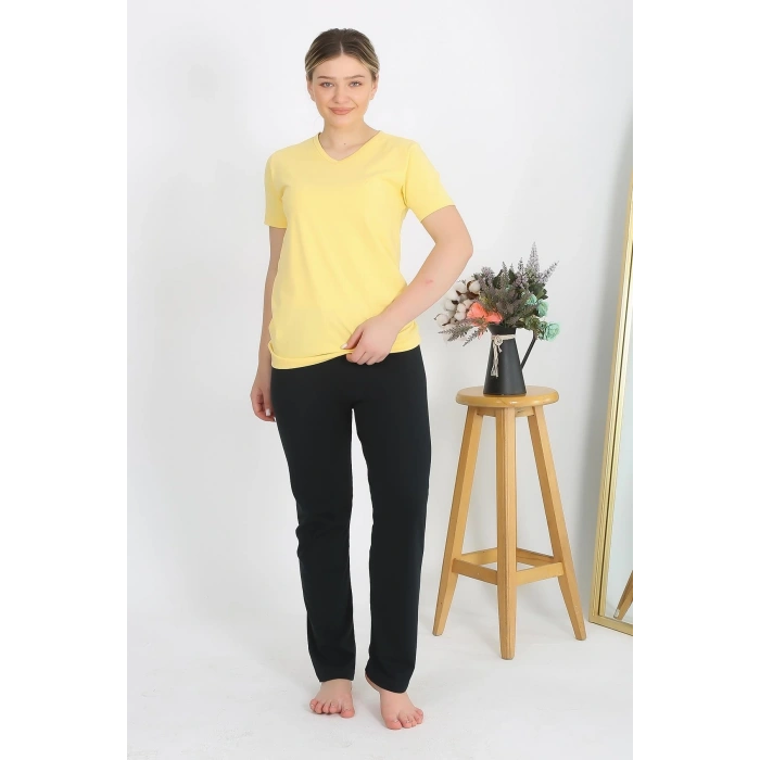 Moda Çizgi Kadın Kısa Kol Pamuk Penye Pijama Takım Sarı 4215