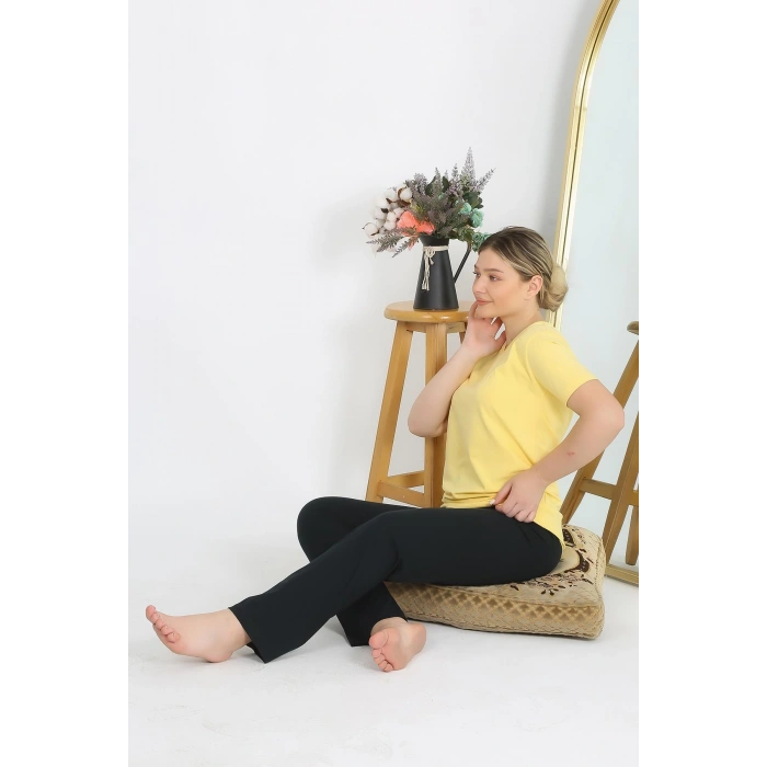 Moda Çizgi Kadın Kısa Kol Pamuk Penye Pijama Takım Sarı 4215