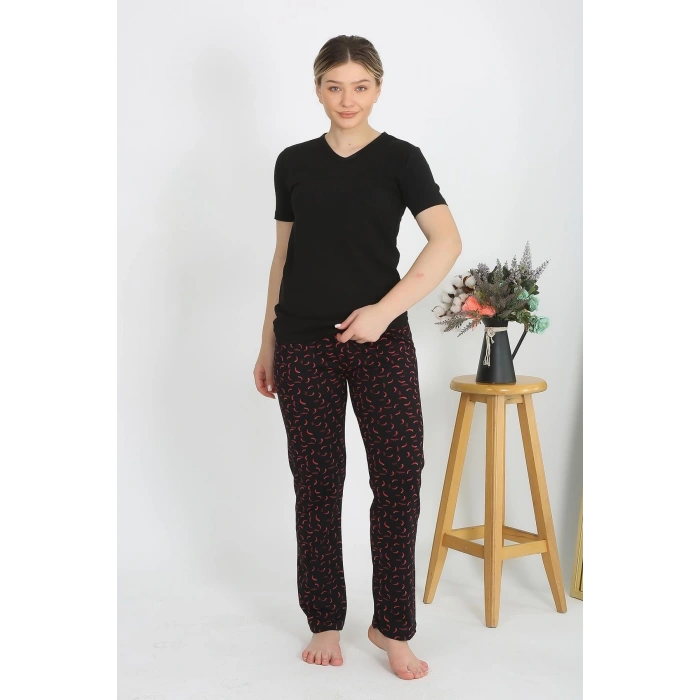 Moda Çizgi Kadın Kısa Kol Pamuk Penye Pijama Takım Siyah 4214