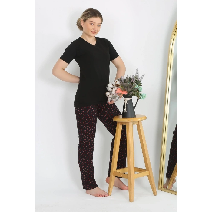 Moda Çizgi Kadın Kısa Kol Pamuk Penye Pijama Takım Siyah 4214