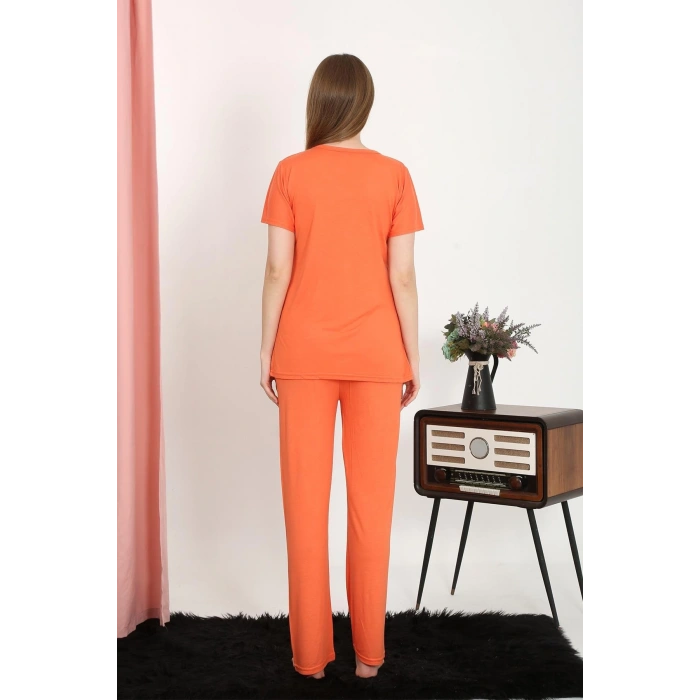 Moda Çizgi Kadın Kısa Kol Pamuk Penye Pijama Takım Turuncu 4213