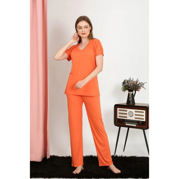 Moda Çizgi Kadın Kısa Kol Pamuk Penye Pijama Takım Turuncu 4213