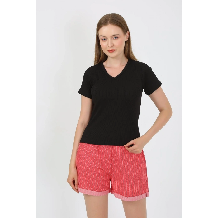 Moda Çizgi Kadın Kısa Kol Penye Şortlu Pijama Takım Siyah 3633