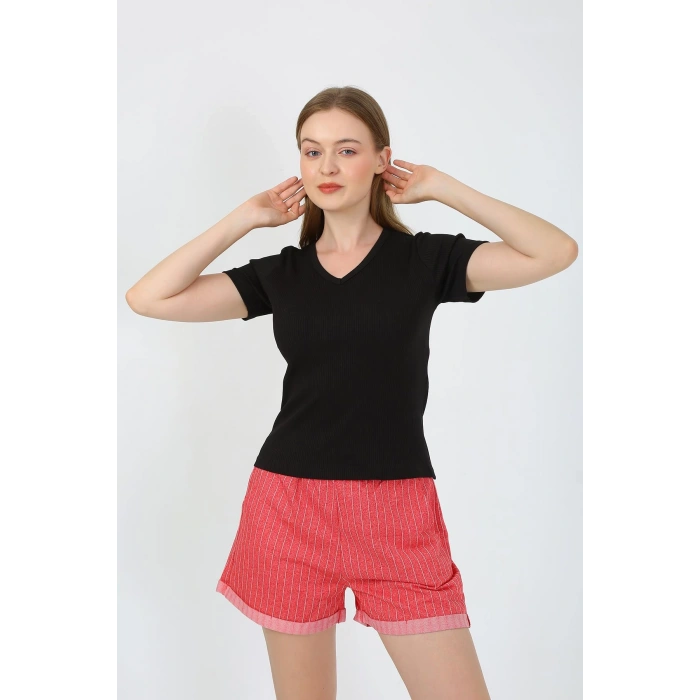 Moda Çizgi Kadın Kısa Kol Penye Şortlu Pijama Takım Siyah 3633