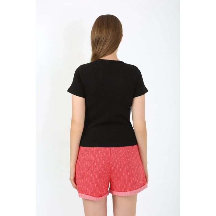 Moda Çizgi Kadın Kısa Kol Penye Şortlu Pijama Takım Siyah 3633