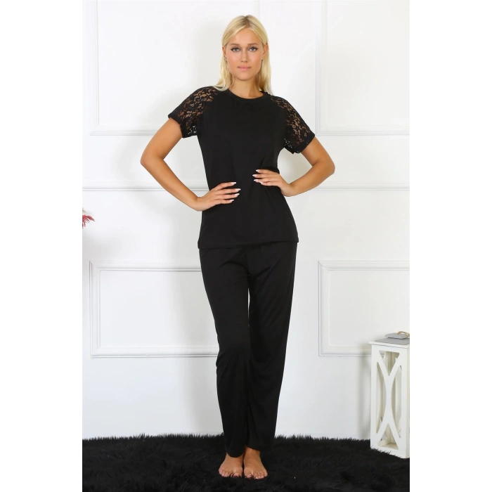 Moda Çizgi Kadın Kolu Dantelli Penye Pijama Takım 4147