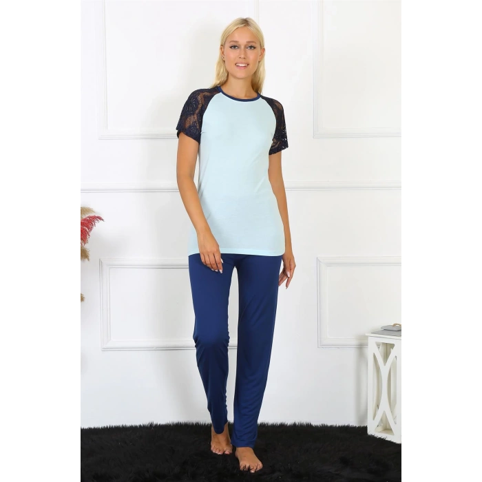 Moda Çizgi Kadın Kolu Dantelli Penye Pijama Takım 4148