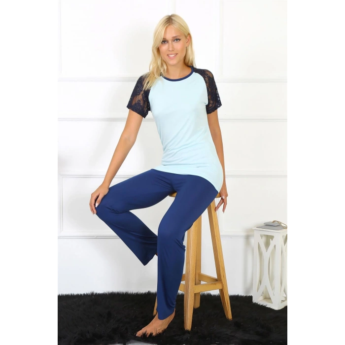 Moda Çizgi Kadın Kolu Dantelli Penye Pijama Takım 4148