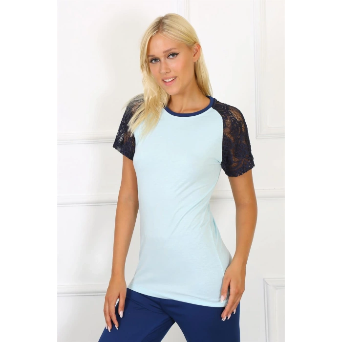 Moda Çizgi Kadın Kolu Dantelli Penye Pijama Takım 4148