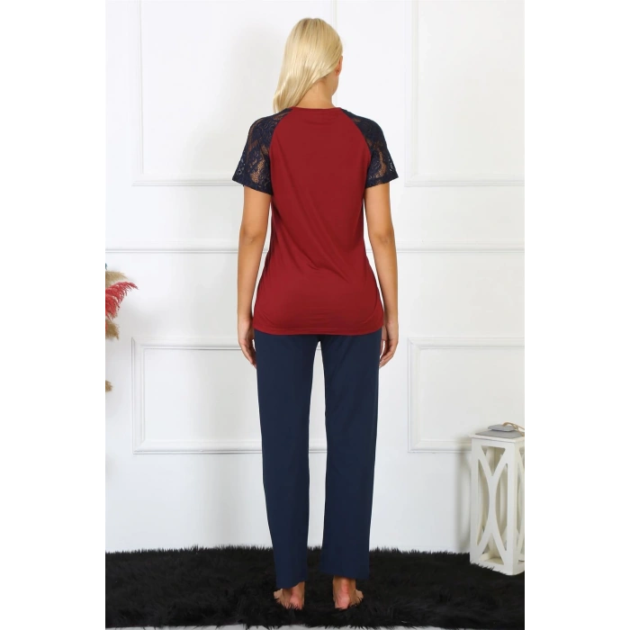 Moda Çizgi Kadın Kolu Dantelli Penye Pijama Takım 4149