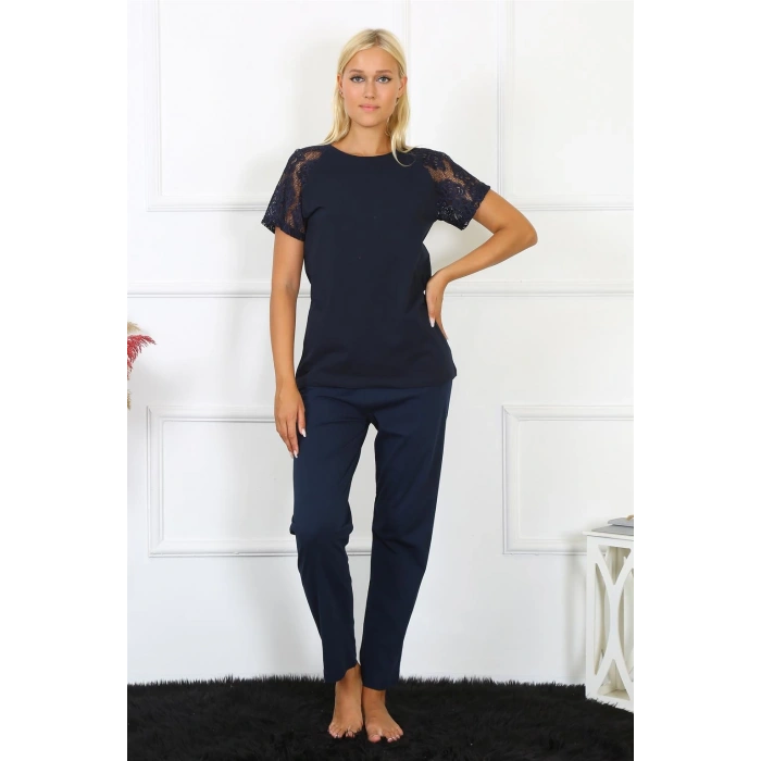 Moda Çizgi Kadın Kolu Dantelli Penye Pijama Takım 4150