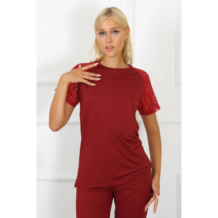 Moda Çizgi Kadın Kolu Dantelli Penye Pijama Takım 4152