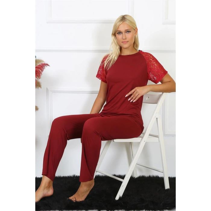 Moda Çizgi Kadın Kolu Dantelli Penye Pijama Takım 4152