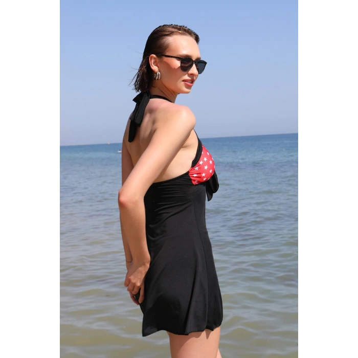 Moda Çizgi Kadın Likralı Şortlu Fiyonklu Elbise Mayo Kırmızı 37020