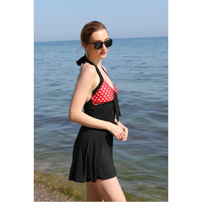 Moda Çizgi Kadın Likralı Şortlu Fiyonklu Elbise Mayo Kırmızı 37021