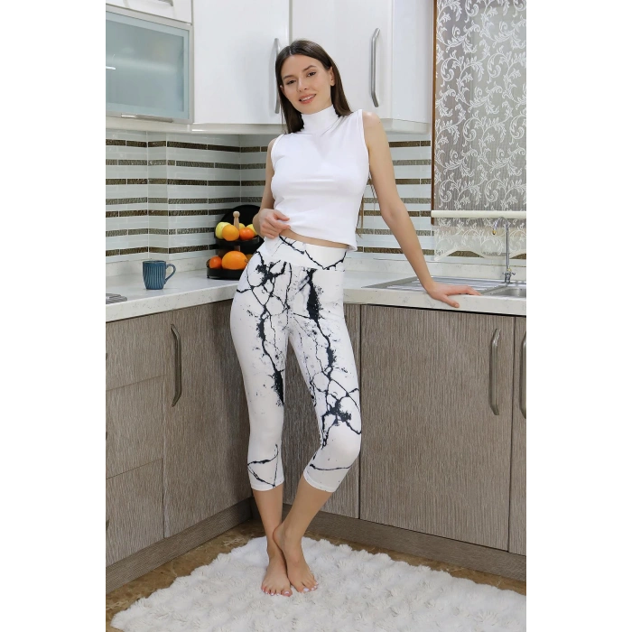Moda Çizgi Kadın Micro Desenli Dizaltı Tayt Beyaz 5921