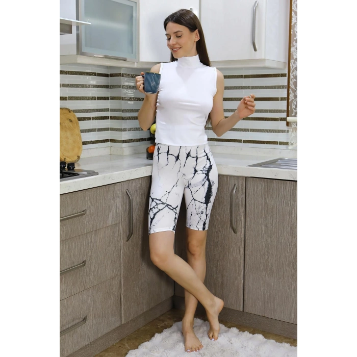 Moda Çizgi Kadın Micro Desenli Dizüstü Tayt Beyaz 5922