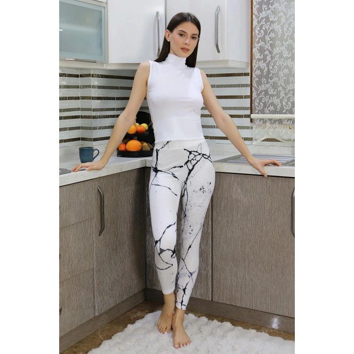 Moda Çizgi Kadın Micro Desenli Tayt Beyaz 5920