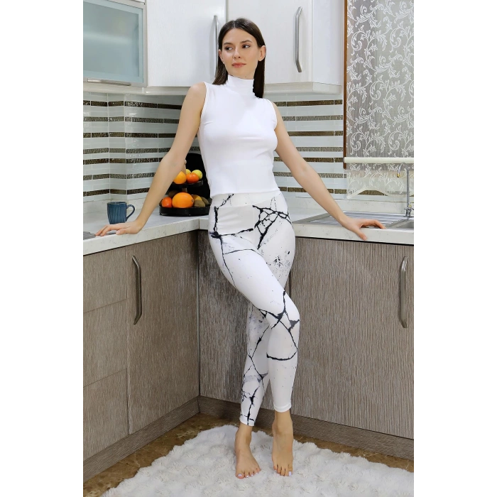 Moda Çizgi Kadın Micro Desenli Tayt Beyaz 5920