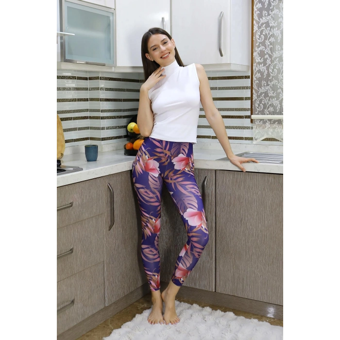 Moda Çizgi Kadın Micro Desenli Tayt Mor 5920