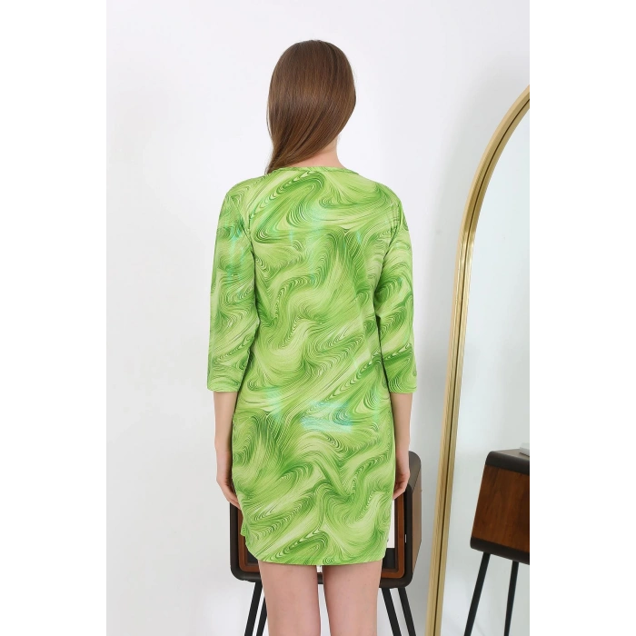 Moda Çizgi Kadın Micro Kumaş Mini Parlak Elbise 7420 Yeşil