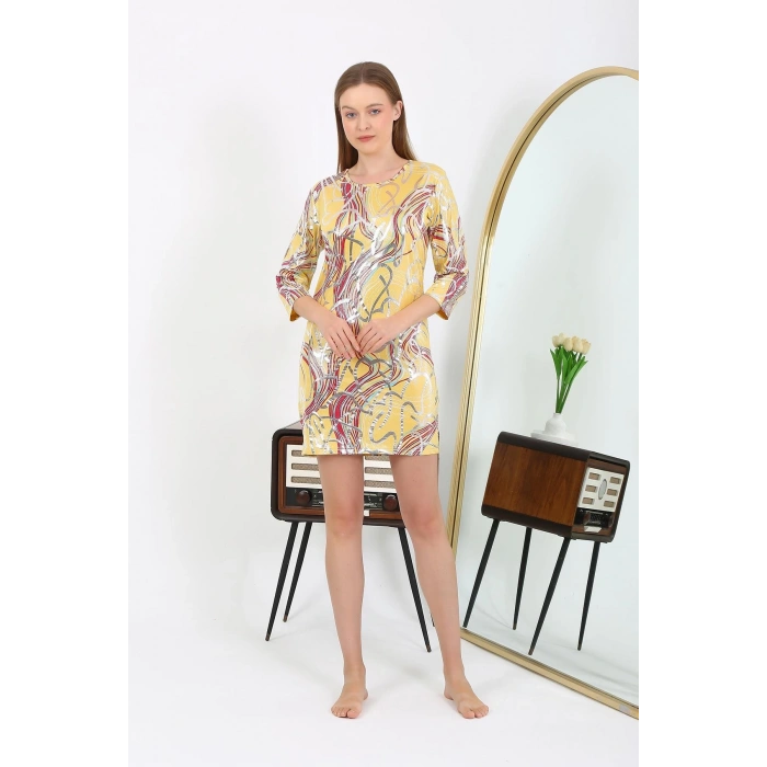 Moda Çizgi Kadın Micro Kumaş Mini Parlak Elbise 7421 Sarı